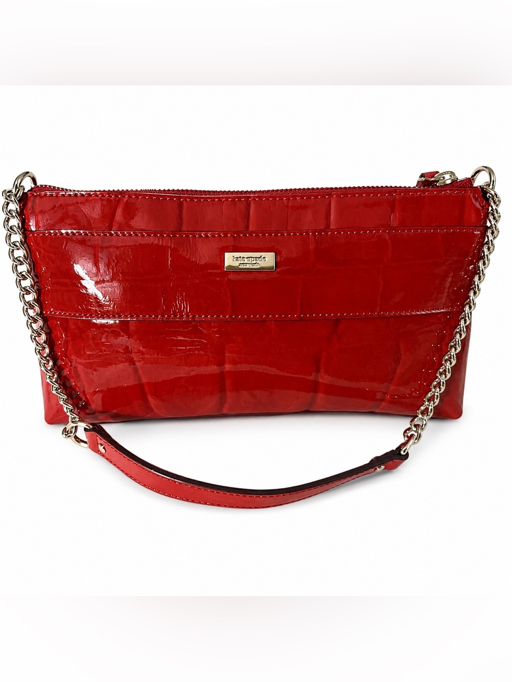 Kate Spade Knightsbridge Red Croc Patent Leather Bow Chain Shoulder Clutch